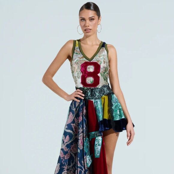 CLEAT CHASER LAYERED JERSEY HIGH LOW DRESS IN BROCADE - Picture 1 of 7
